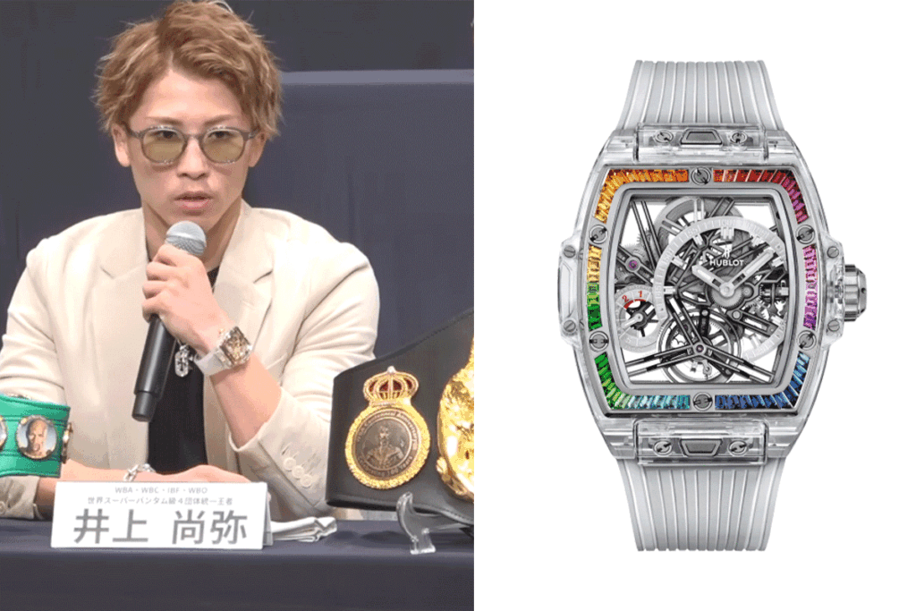 井上尚弥のウブロの時計　モデルはスピリット オブ ビッグ・バン トゥールビヨン 5デイ パワーリザーブ サファイア レインボー